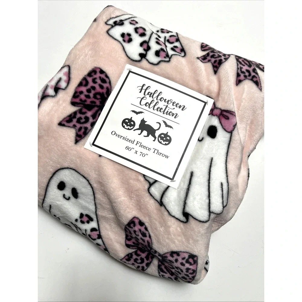 NWT Halloween Pink Ghost Plush Throw Blanket 60x70 Coquette Leopard Bow Soft